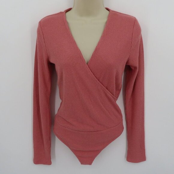 Express Women Small Pink Ribbed V Neck Wrap Long Sleeve Bodysuit One Piece NEW - Picture 10 of 10